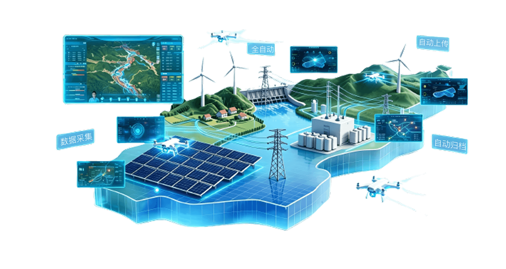 智慧园区3D等距场景插图，展示电站数据自动采集流程